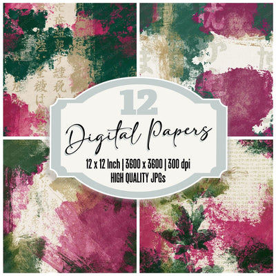 Monoprint Magenta Jungle Green Abstract Seamless Digital Paper Pack (DDD014411)