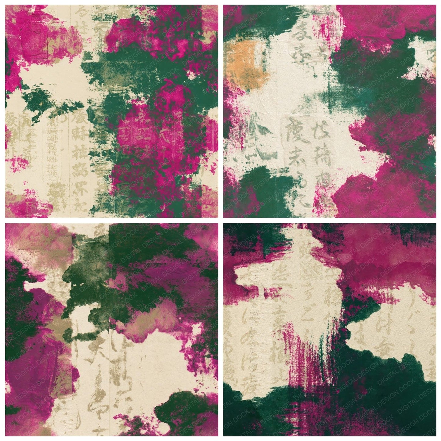 Monoprint Magenta Jungle Green Abstract Seamless Digital Paper Pack (DDD014411)