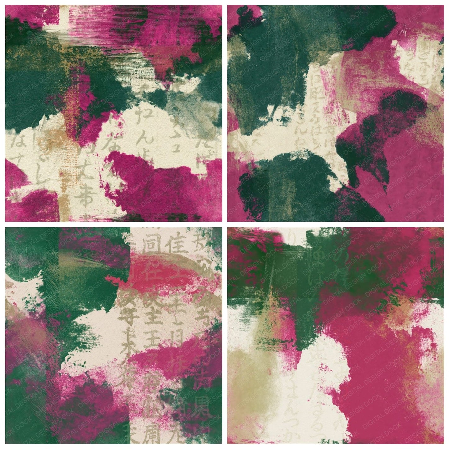 Monoprint Magenta Jungle Green Abstract Seamless Digital Paper Pack (DDD014411)