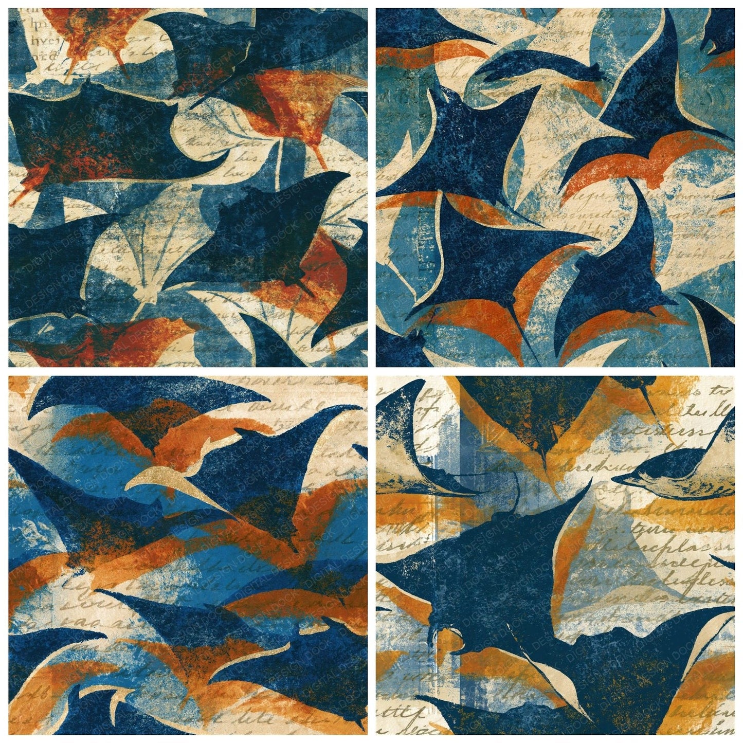 Monoprint Manta Ray Navy Chalk Seamless Digital Paper Pack (DDD014412)
