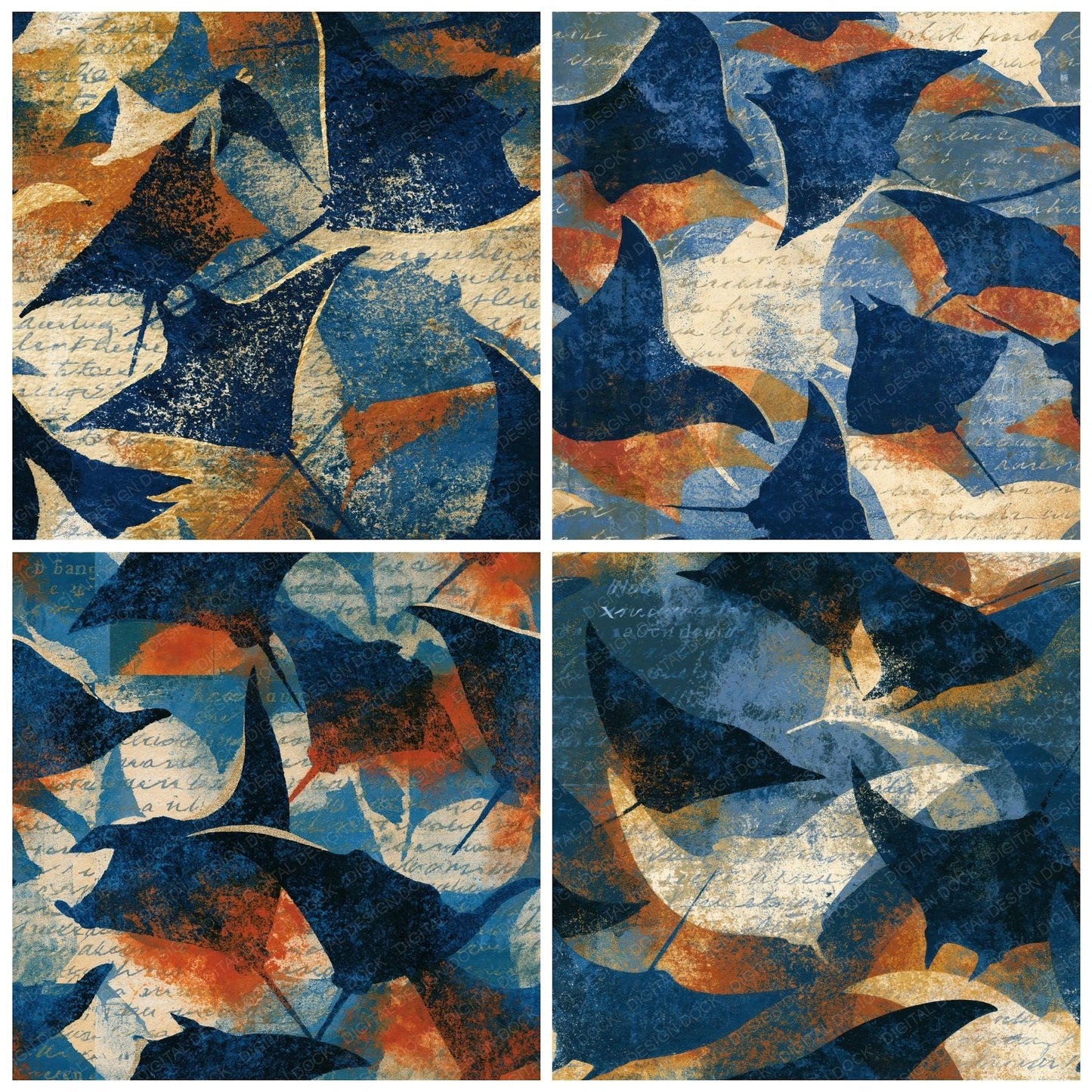 Monoprint Manta Ray Navy Chalk Seamless Digital Paper Pack (DDD014412)