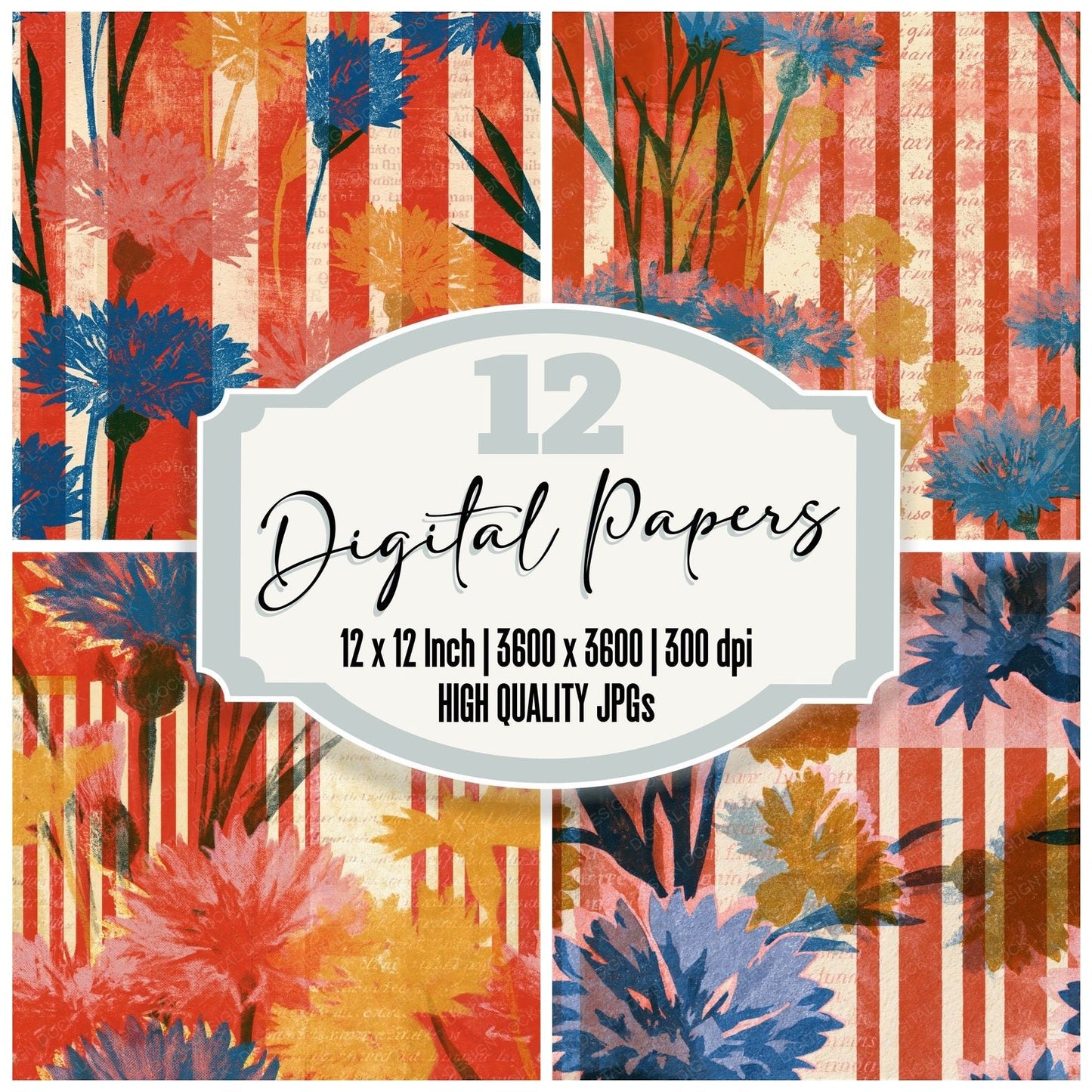 Risograph Cornflowers Candy Red Seamless Digital Paper Pack (DDD014415)