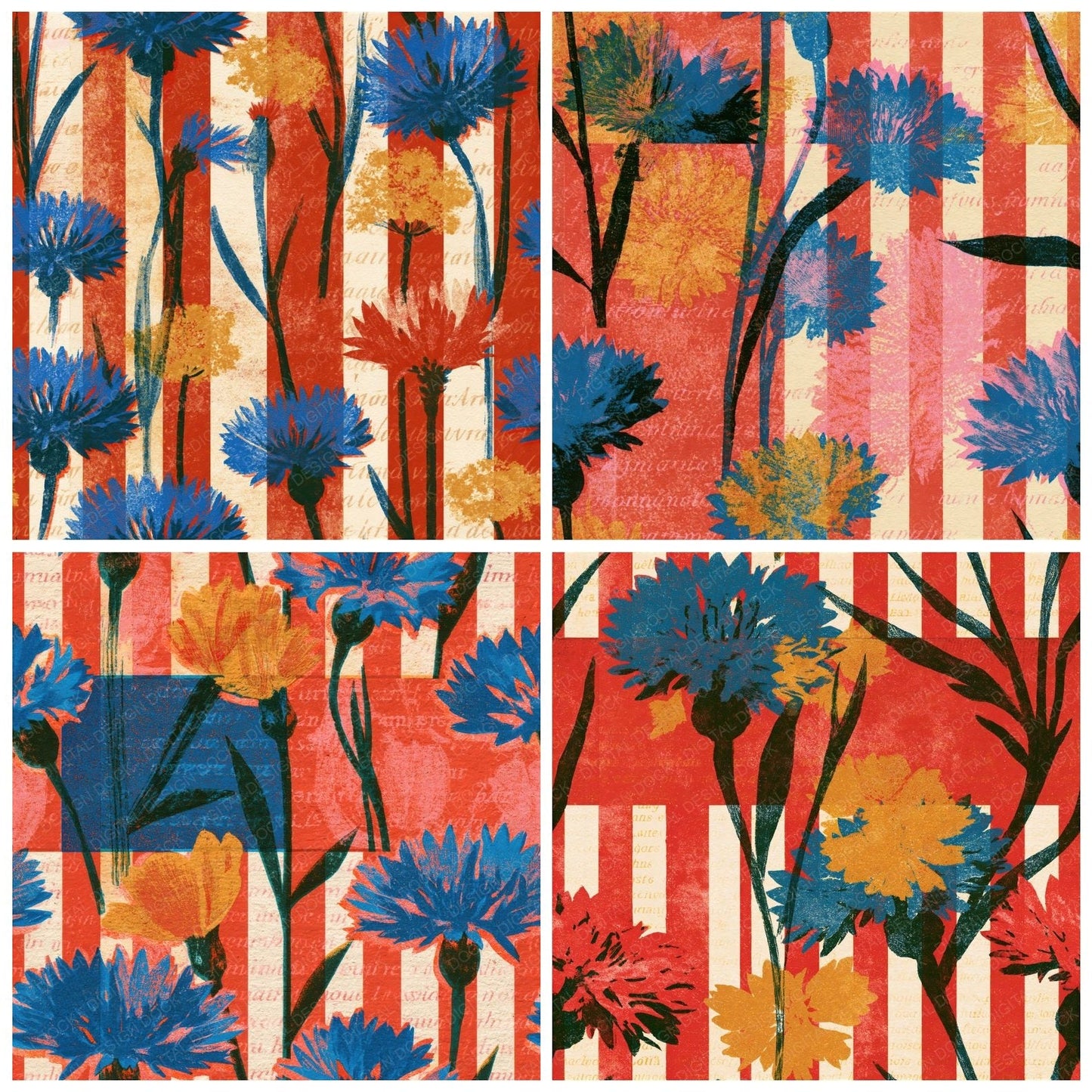 Risograph Cornflowers Candy Red Seamless Digital Paper Pack (DDD014415)