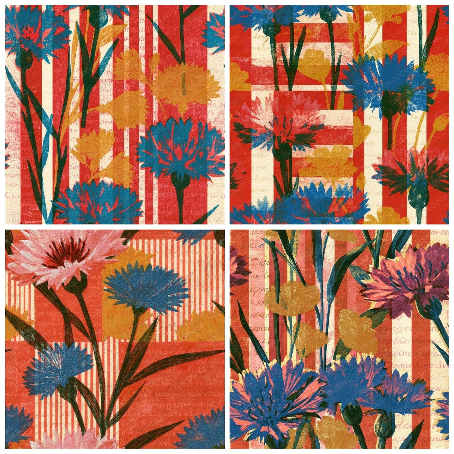 Risograph Cornflowers Candy Red Seamless Digital Paper Pack (DDD014415)