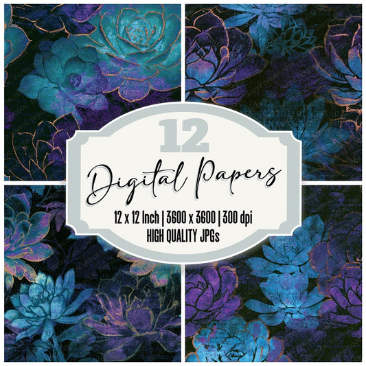 Risograph Succulents Cyan Violet Seamless Digital Paper Pack (DDD014416)