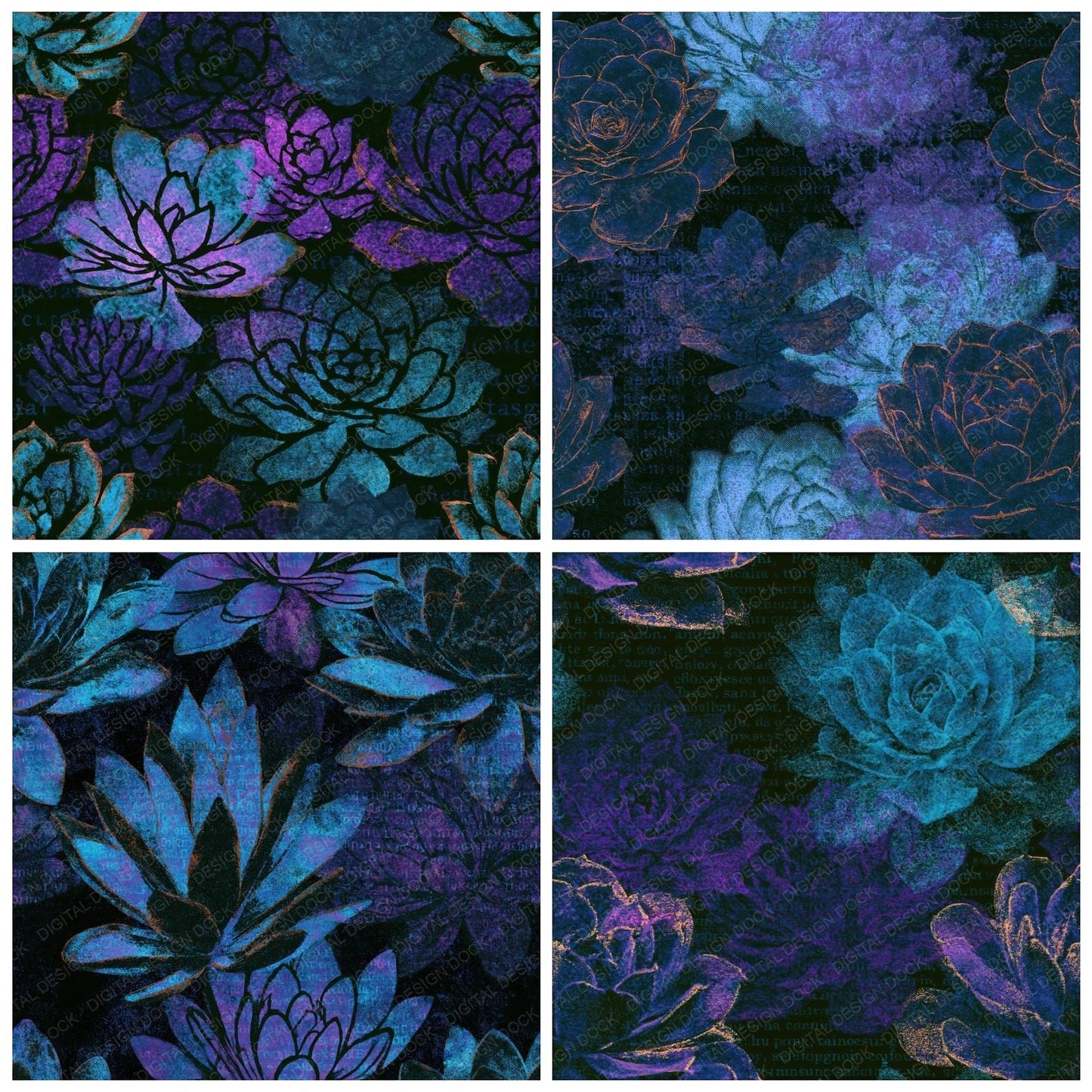 Risograph Succulents Cyan Violet Seamless Digital Paper Pack (DDD014416)