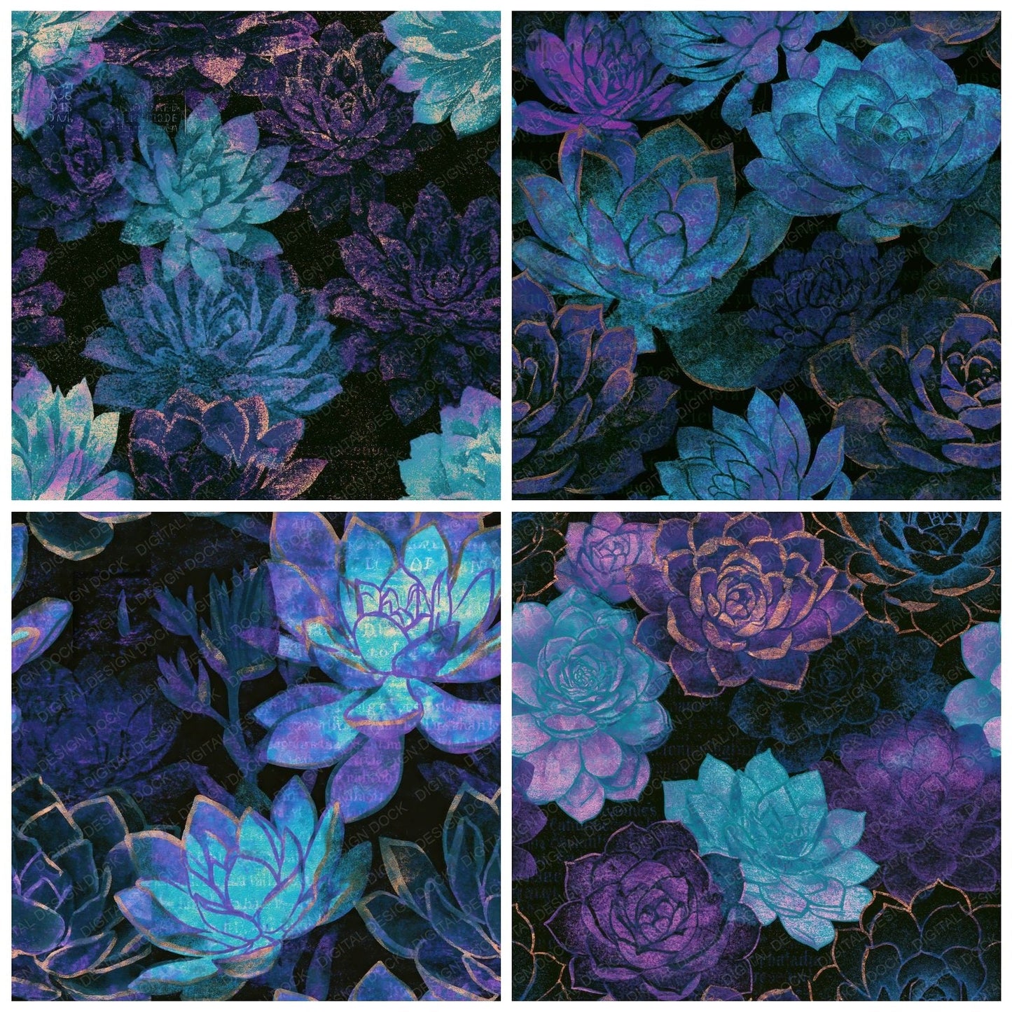 Risograph Succulents Cyan Violet Seamless Digital Paper Pack (DDD014416)