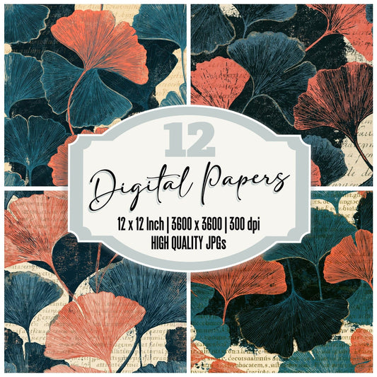 Scratchboard Gingko Coral Seafoam Digital Paper Pack (DDD014417)