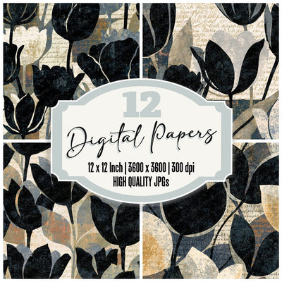 Screenprint Tulips Bone Black Digital Paper Pack (DDD014418)