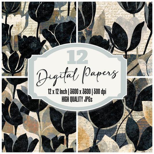 Screenprint Tulips Bone Black Digital Paper Pack (DDD014418)