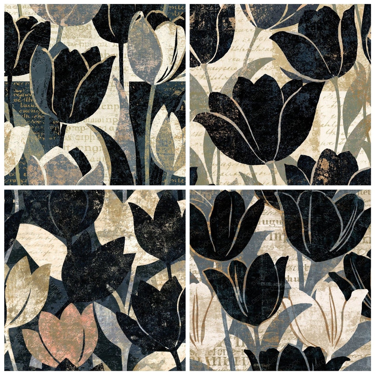 Screenprint Tulips Bone Black Digital Paper Pack (DDD014418)