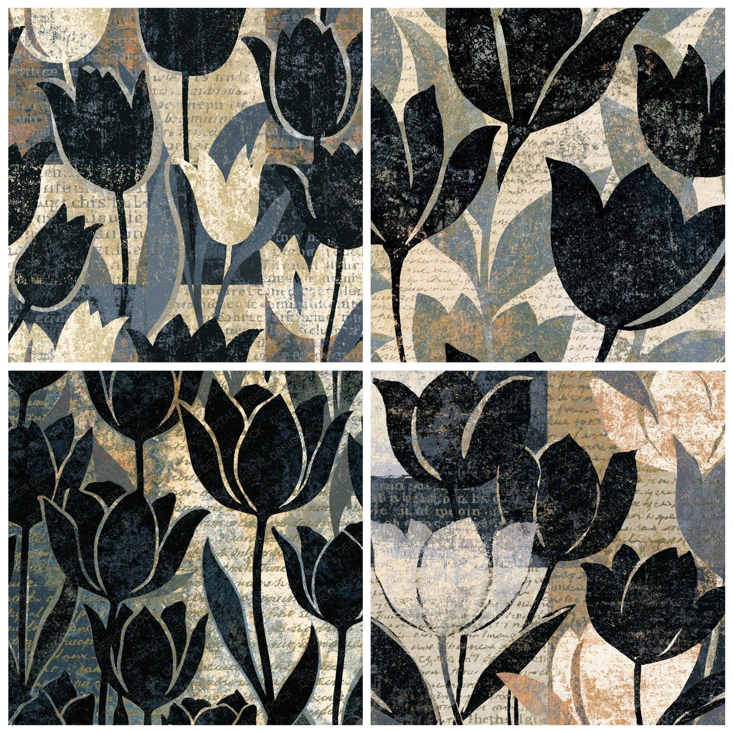 Screenprint Tulips Bone Black Digital Paper Pack (DDD014418)