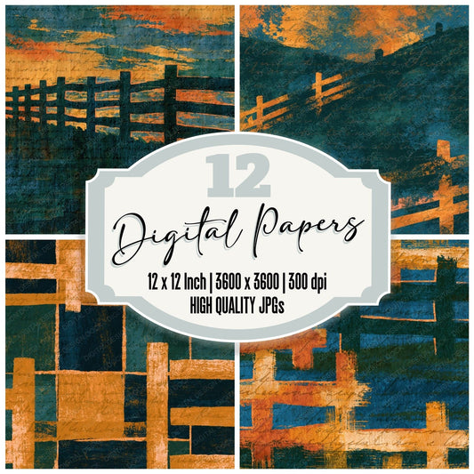 Woodblock Corral Fence Amber Forest Green Digital Paper Pack (DDD014420)