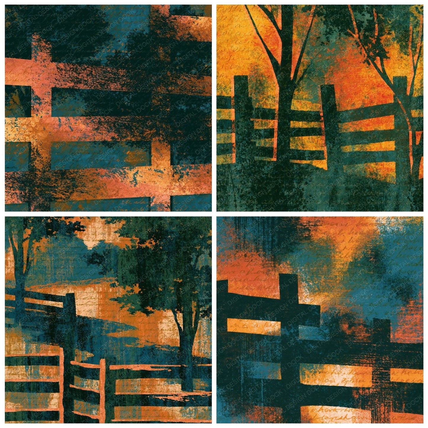 Woodblock Corral Fence Amber Forest Green Digital Paper Pack (DDD014420)