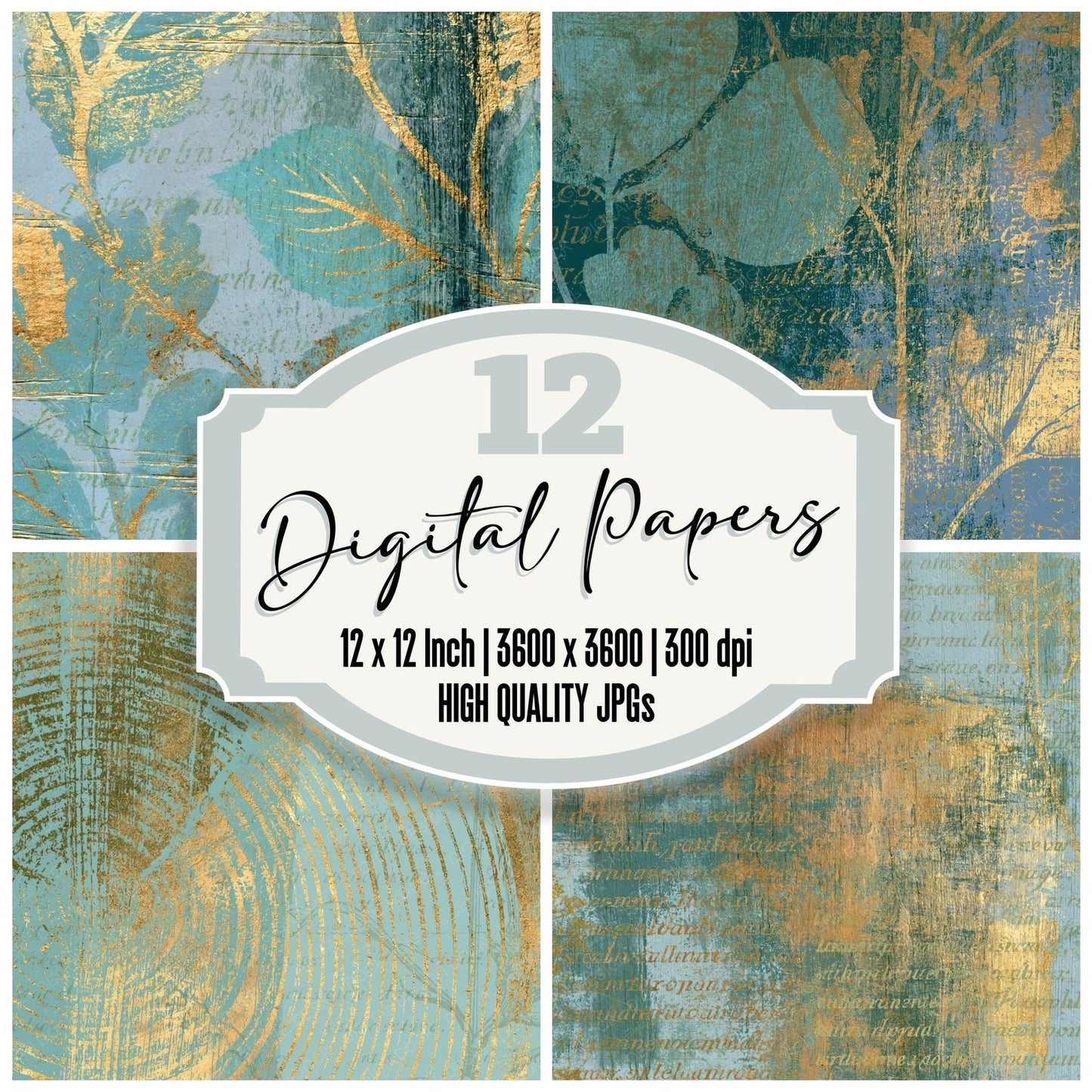 Woodcut Mint Gold Abstract (2) Digital Paper Pack (DDD014424)