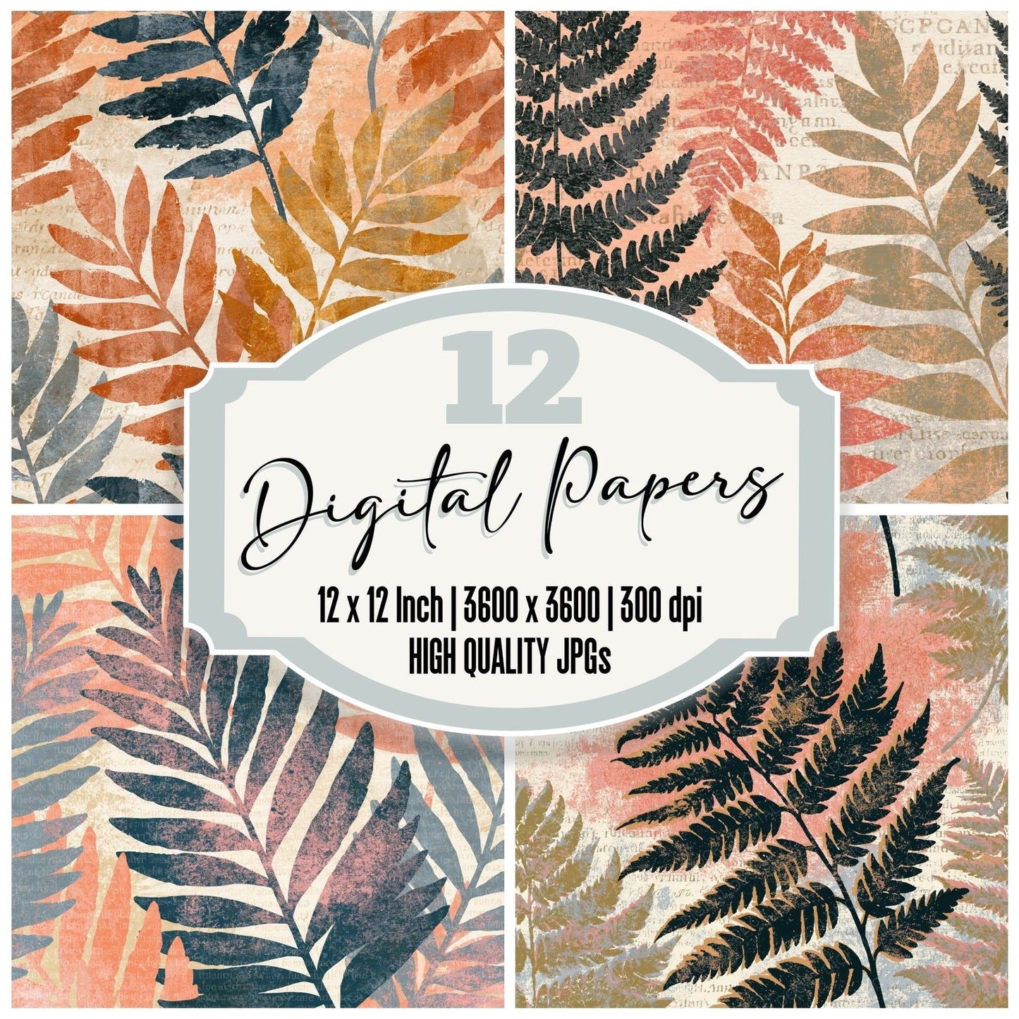 Folk Art Fern Peach Cream Digital Paper Pack (DDD014429)