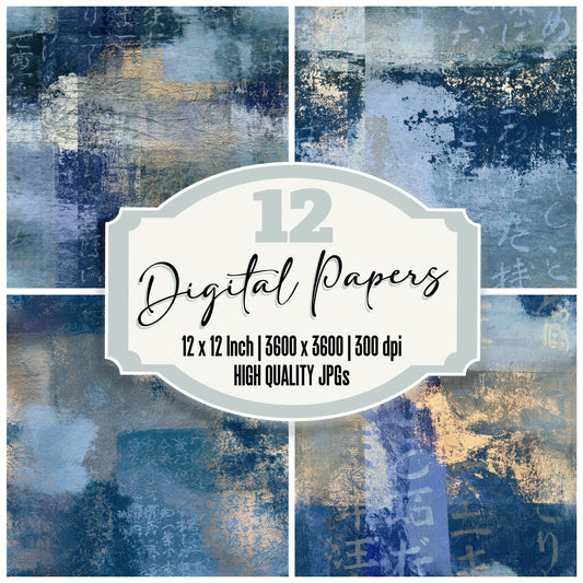 Monoprint Icy Blue Slate Indigo Abstract Seamless Digital Paper Pack (DDD014434)