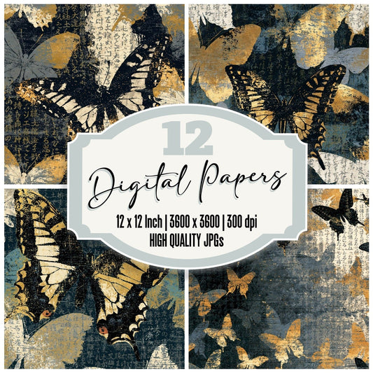 Scratchboard Swallowtails Graphite Cream Digital Paper Pack (DDD014440)