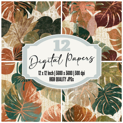 Woodcut Philodendron Moss Brown Seamless Digital Paper Pack (DDD014444)