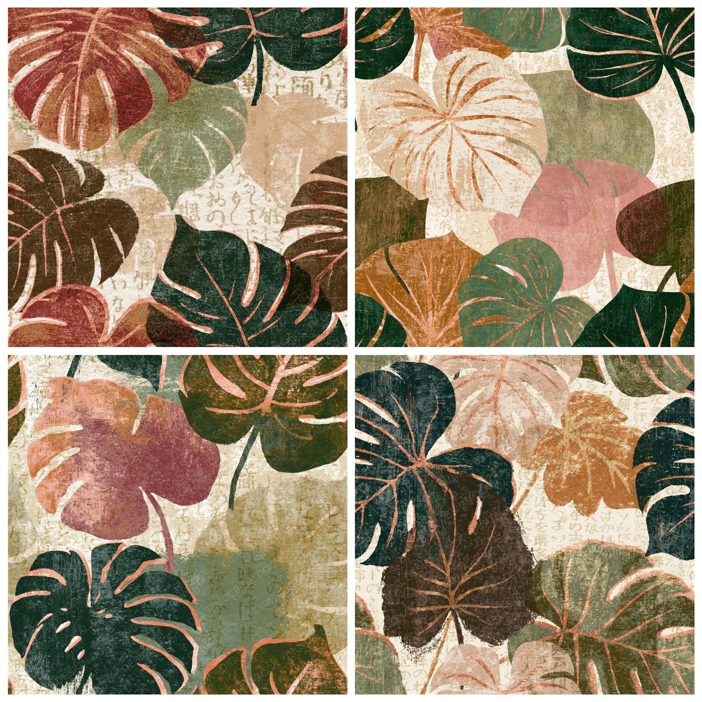 Woodcut Philodendron Moss Brown Seamless Digital Paper Pack (DDD014444)