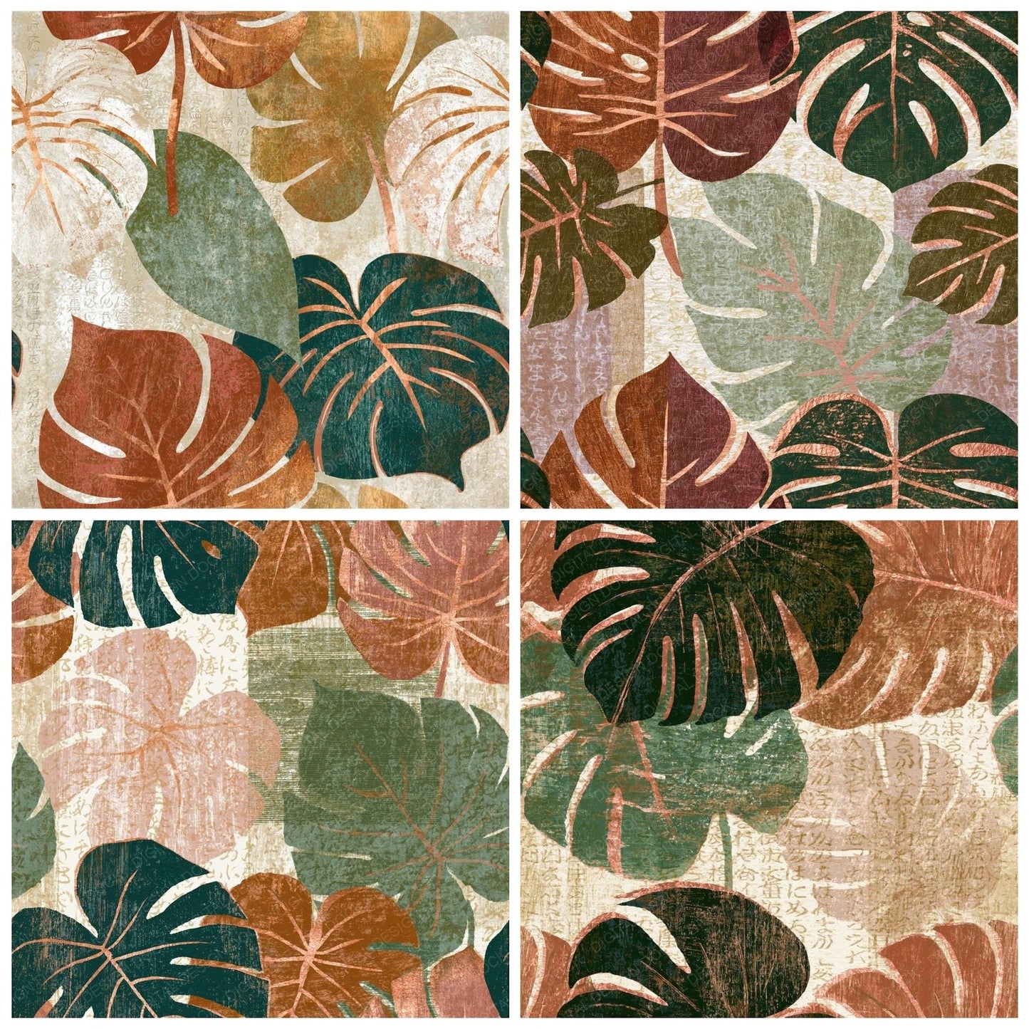 Woodcut Philodendron Moss Brown Seamless Digital Paper Pack (DDD014444)