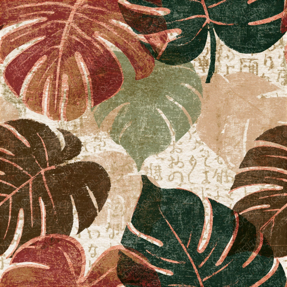 Woodcut Philodendron Moss Brown Seamless Digital Paper Pack (DDD014444)