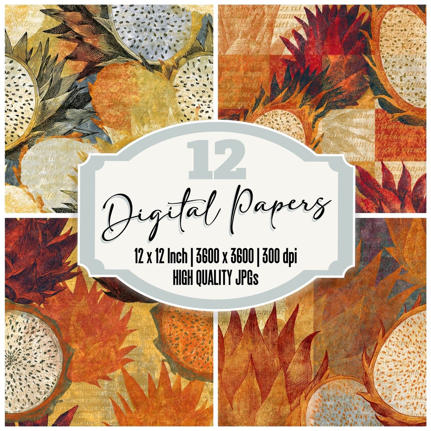 Engraving Dragon Fruit Rust Gold Digital Paper Pack (DDD014448)