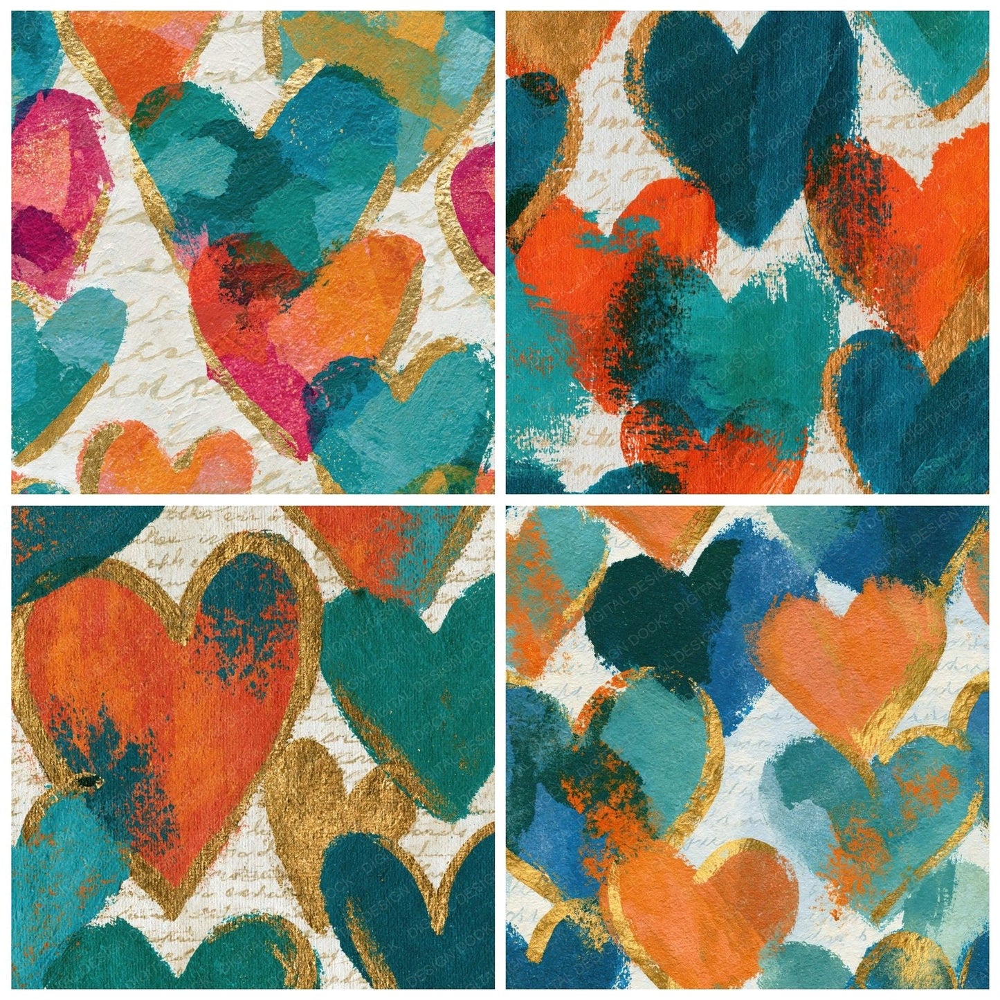 Impressionist Neon Hearts Papaya Jade Digital Paper Pack (DDD014453)