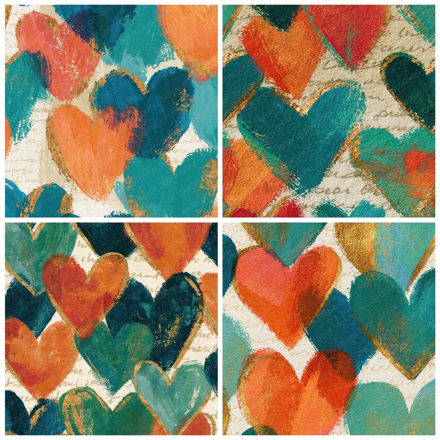 Impressionist Neon Hearts Papaya Jade Digital Paper Pack (DDD014453)