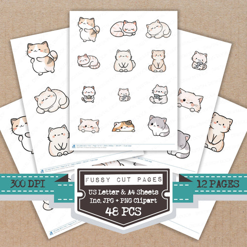 Kawaii Cat Character fussy cut printable sheets for junk journaling, scrapbooking, and paper craft projects