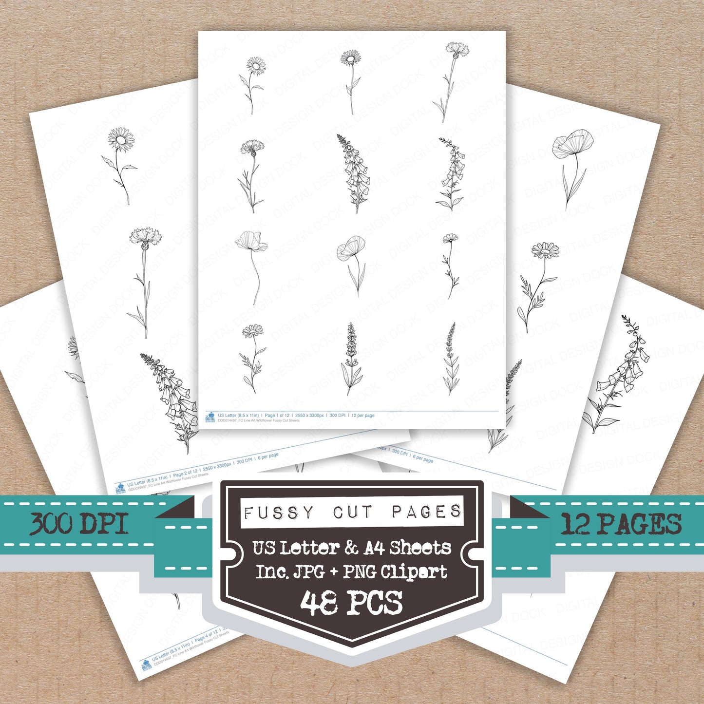 Line Art Wildflower Fussy Cut Sheets (DDD014497)