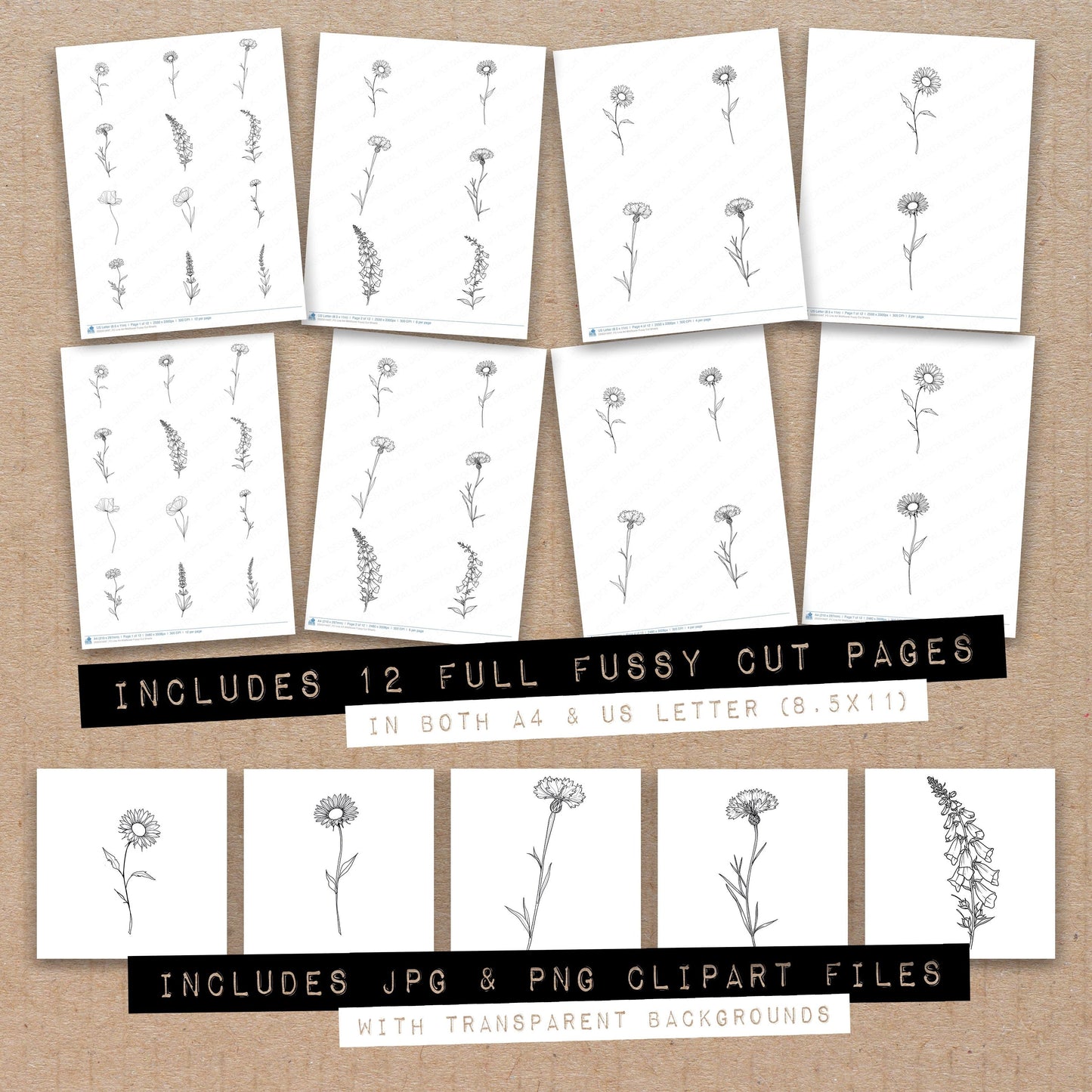 Line Art Wildflower Fussy Cut Sheets (DDD014497)