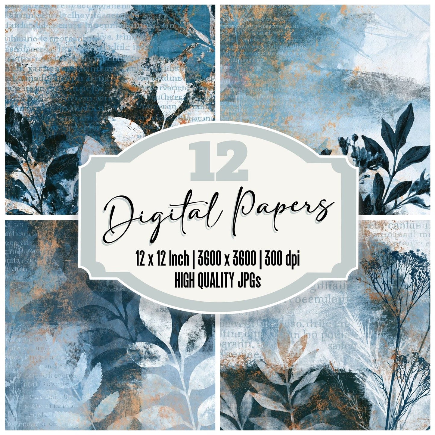 Bohemian Icy Blue Charcoal Texture Digital Paper Pack (DDD014510)