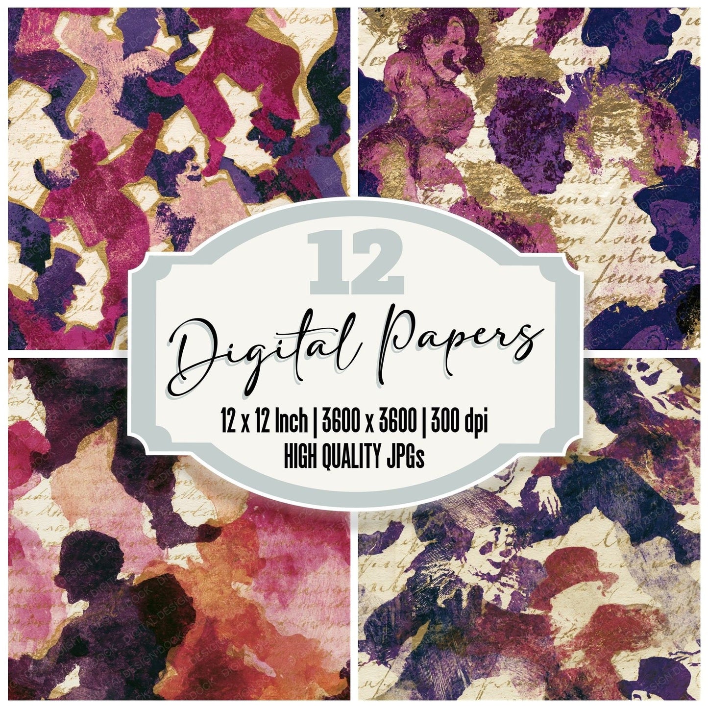 Etching Clown Silhouettes Raspberry Plum Seamless Digital Paper Pack (DDD014517)