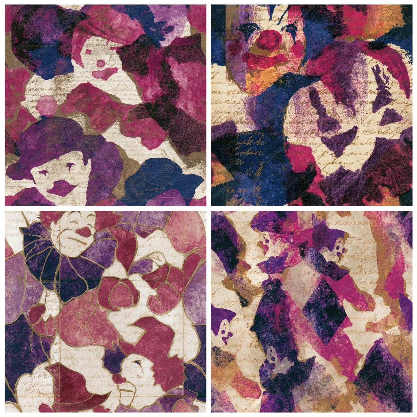 Etching Clown Silhouettes Raspberry Plum Seamless Digital Paper Pack (DDD014517)
