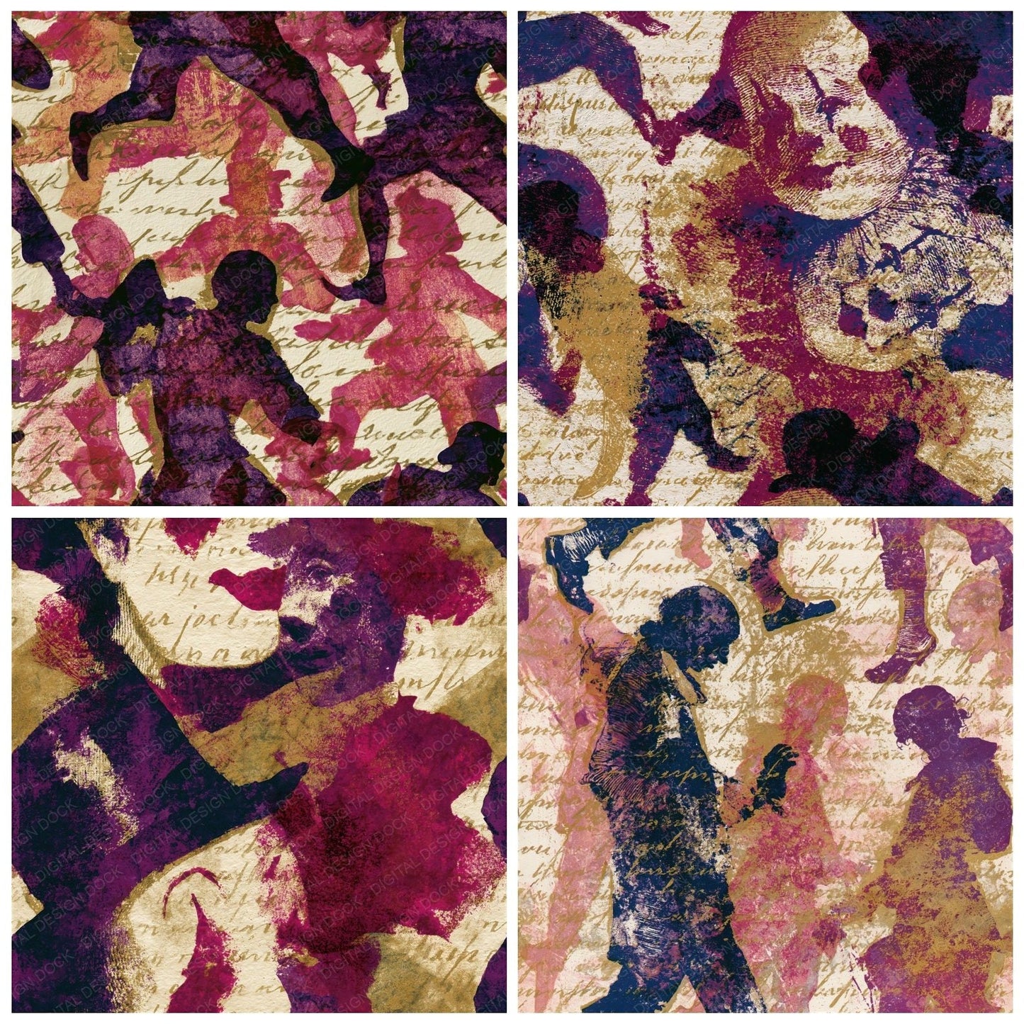 Etching Clown Silhouettes Raspberry Plum Seamless Digital Paper Pack (DDD014517)