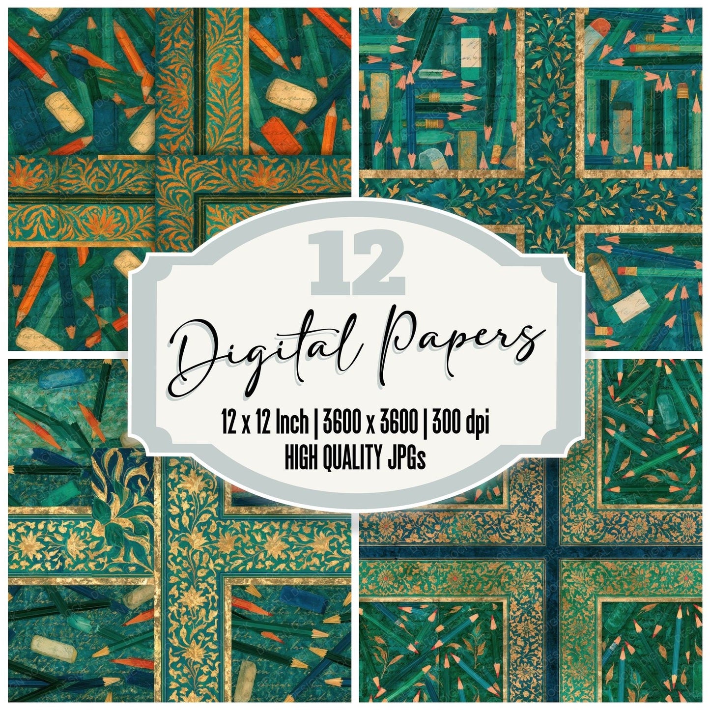 Mughal Pencils Emerald Parchment Seamless Digital Paper Pack (DDD014519)