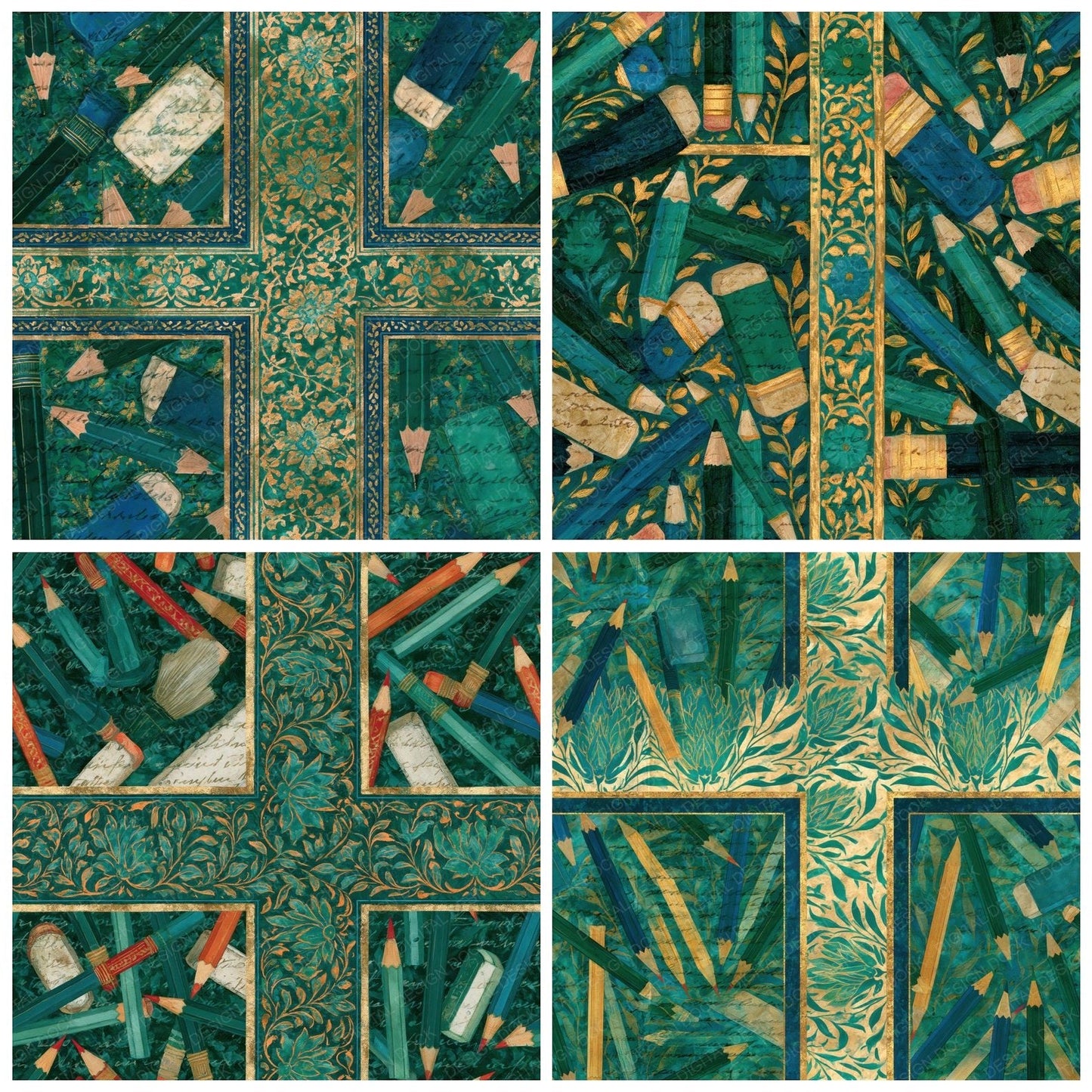Mughal Pencils Emerald Parchment Seamless Digital Paper Pack (DDD014519)