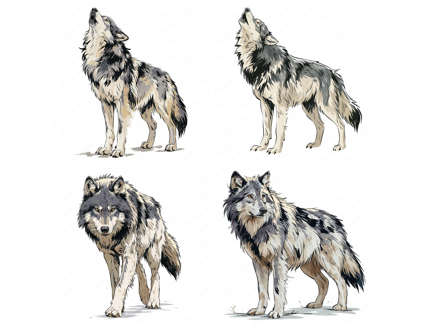 Stylised Grey Wolf Clipart Set (DDD014532)