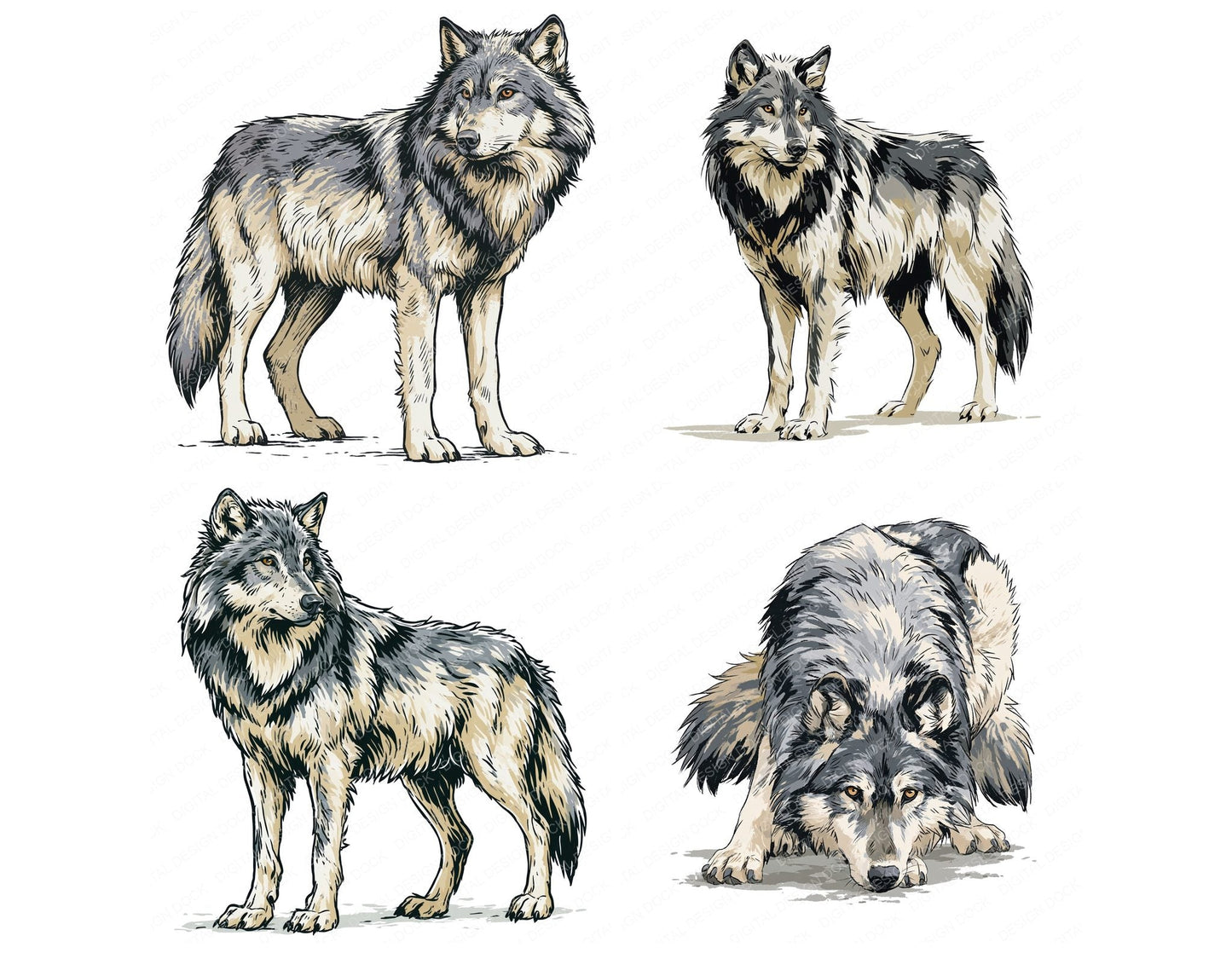 Stylised Grey Wolf Clipart Set (DDD014532)