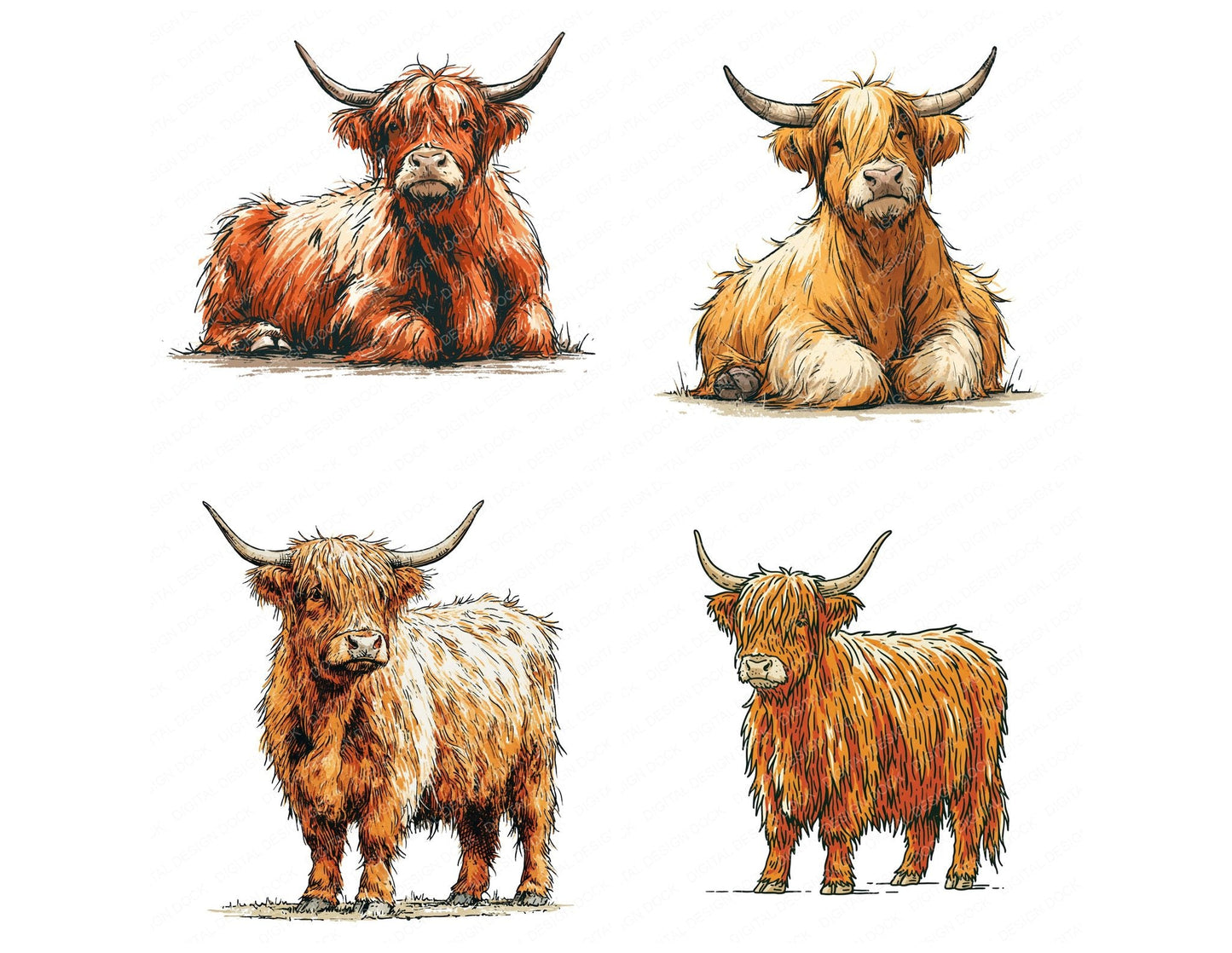 Stylised Highland Cow Clipart Set (DDD014533)