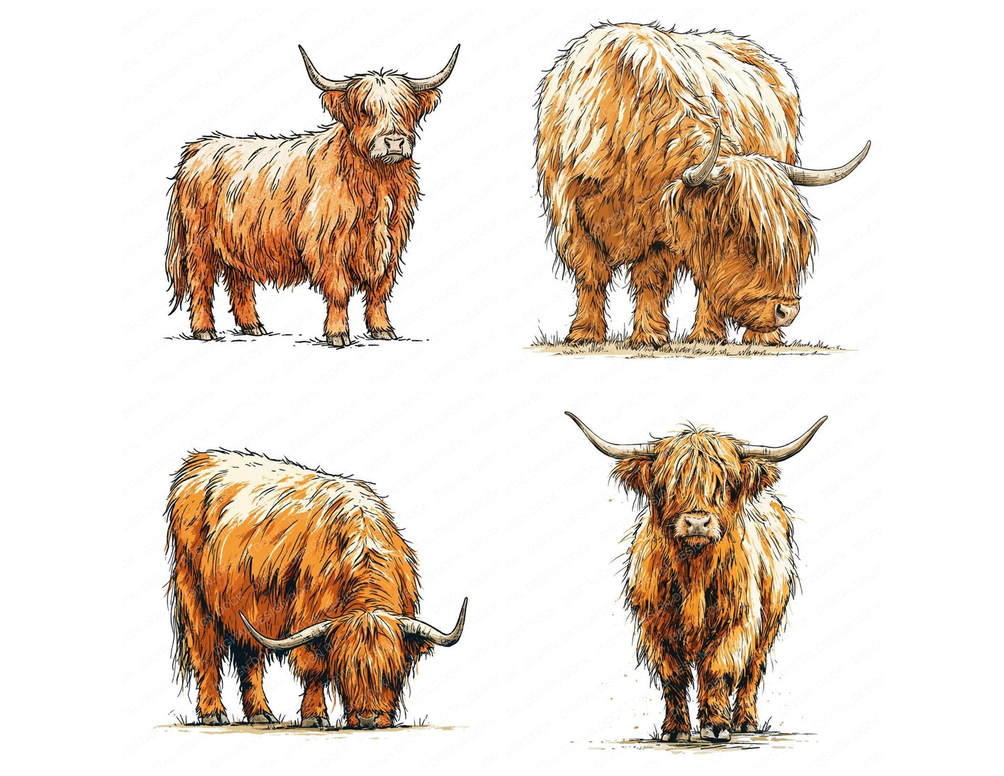 Stylised Highland Cow Clipart Set (DDD014533)