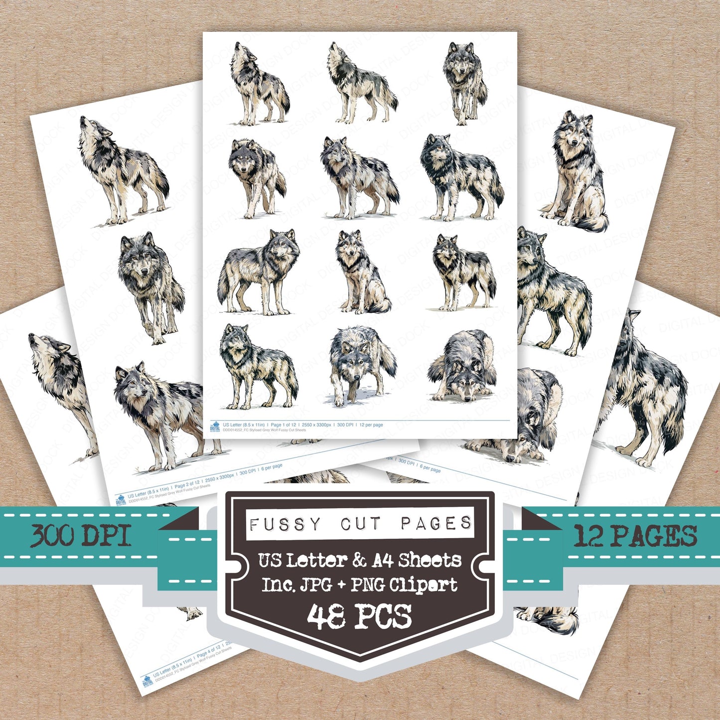 Stylised Grey Wolf Fussy Cut Sheets (DDD014552)