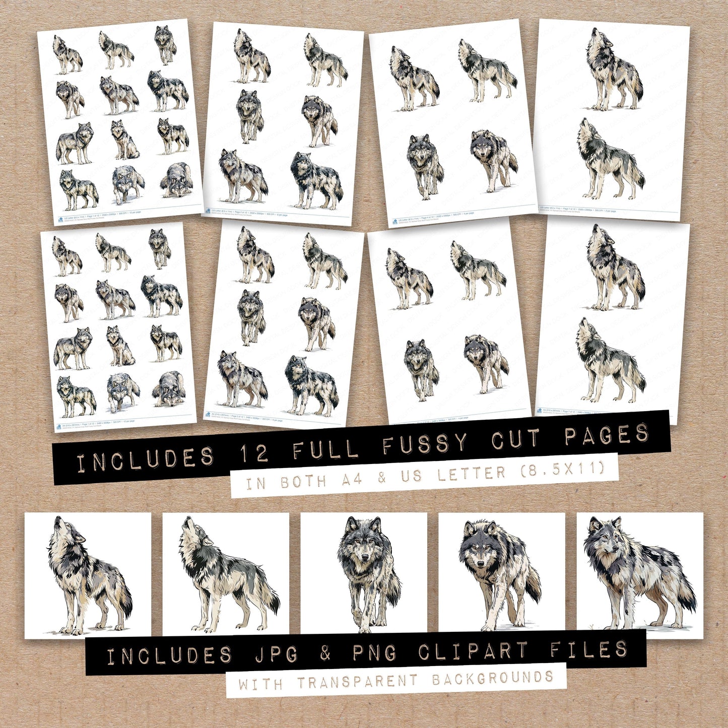 Stylised Grey Wolf Fussy Cut Sheets (DDD014552)