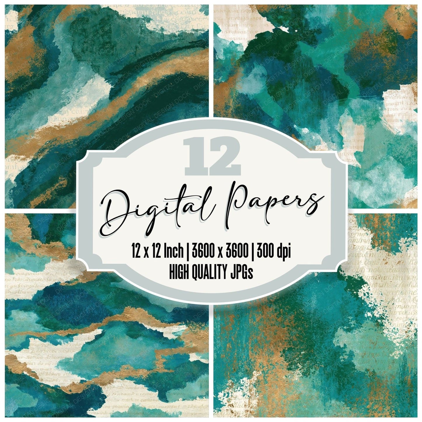 Folk Art Malachite Teal Abstract Digital Paper Pack (DDD014567)