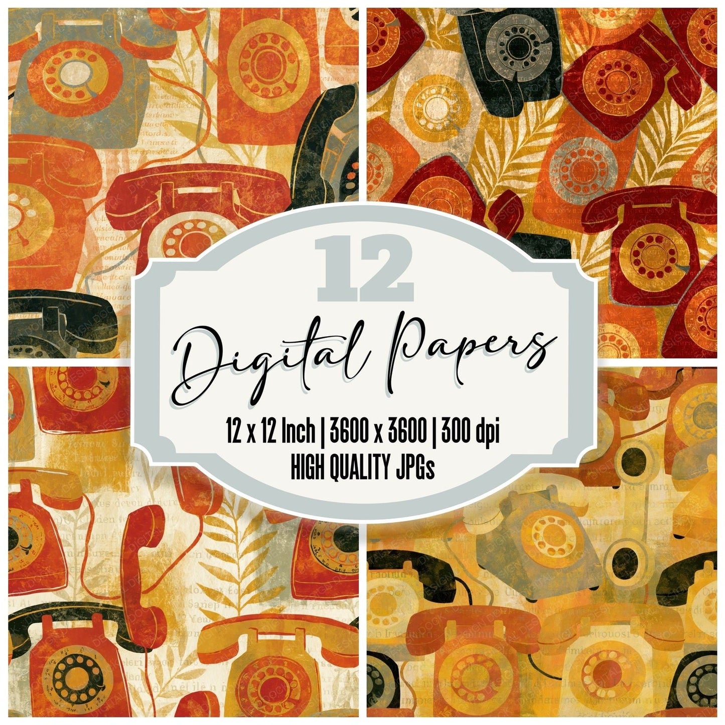 Gouache Rotary Phones Rust Gold Digital Paper Pack (DDD014568)