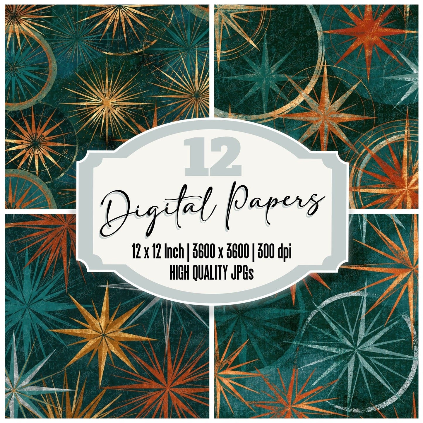 Letterpress Compass Rose Jade Copper Digital Paper Pack (DDD014572)