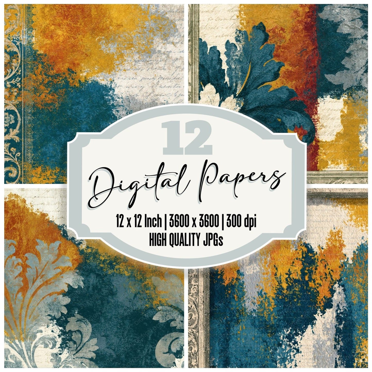 Victorian Mustard Teal Abstract Digital Paper Pack (DDD014582)