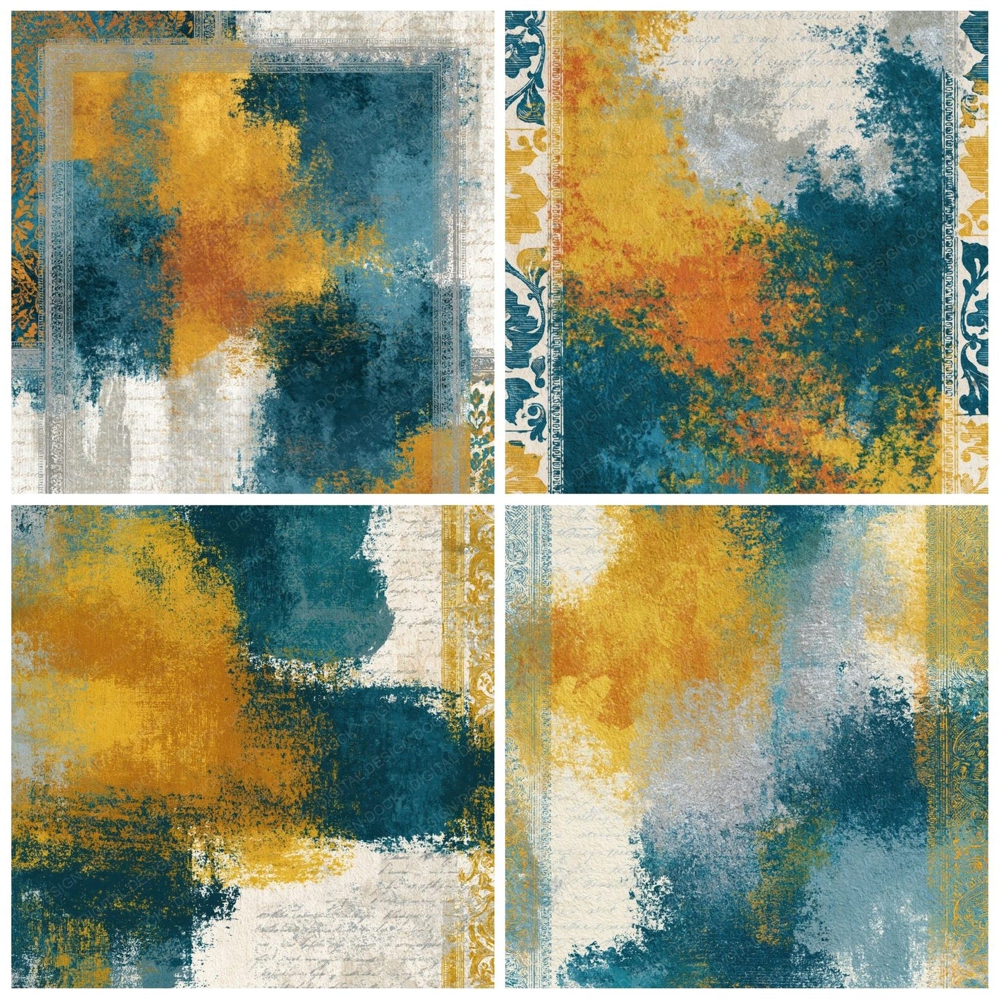 Victorian Mustard Teal Abstract Digital Paper Pack (DDD014582)