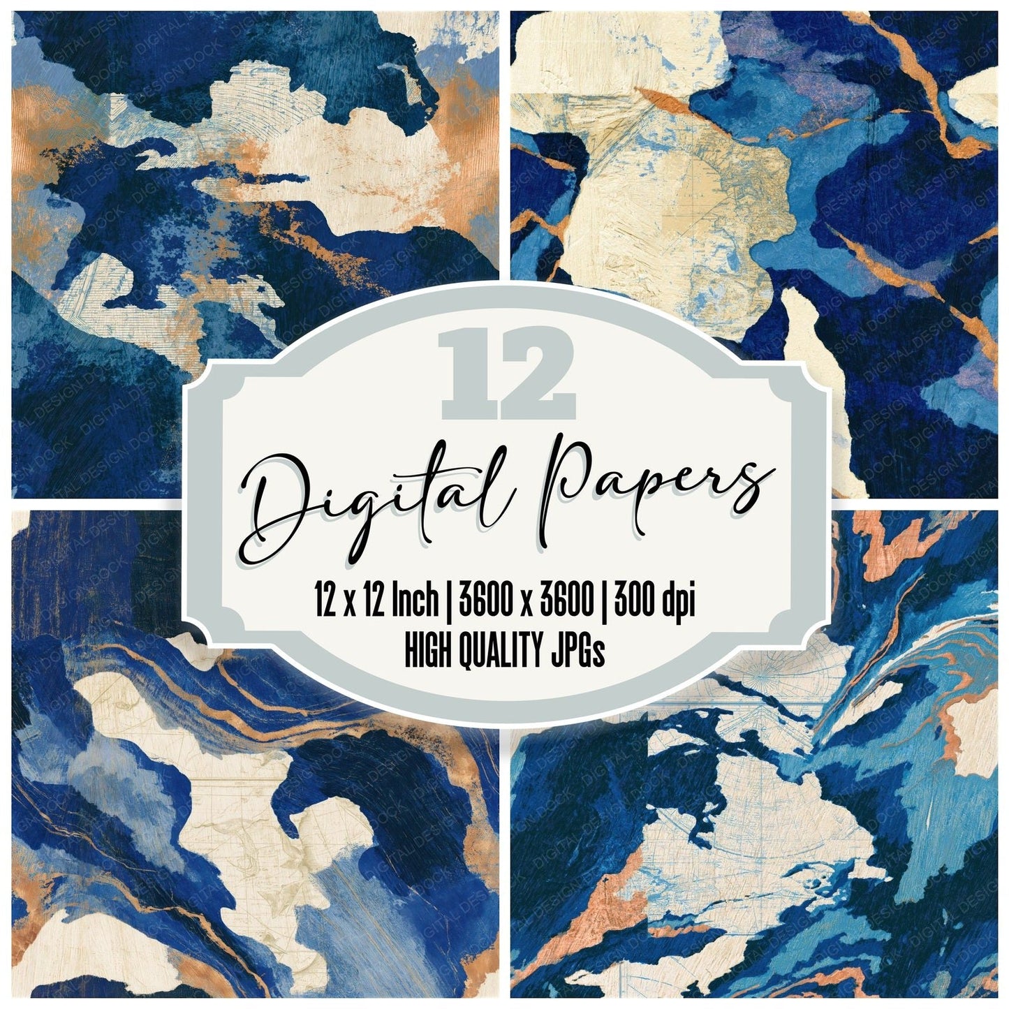 Woodcut Denim Navy Cobalt Abstract Seamless Digital Paper Pack (DDD014584)